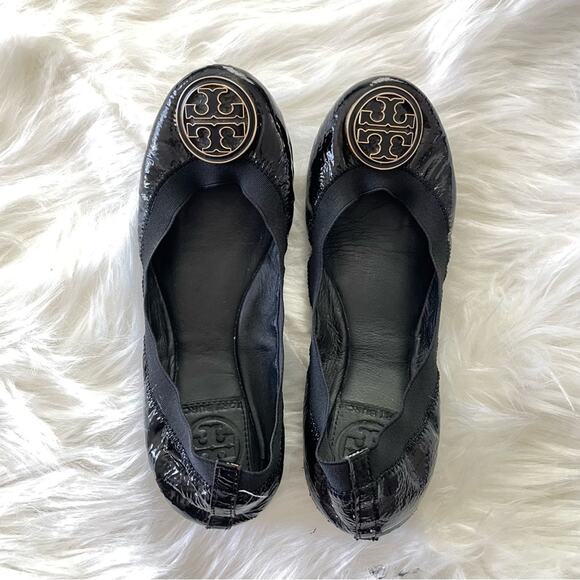 Tory Burch | Womens Caroline Naplak Flats Black Patent Leather Shiny Ballet Logo - Picture 9 of 9